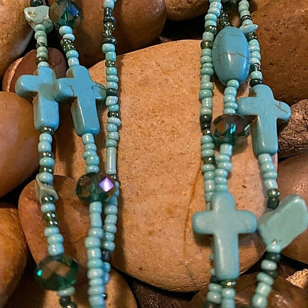 Beaded Christmas Western Turquoise Cross Seed Bead Necklace Earring - Picture 3 of 11